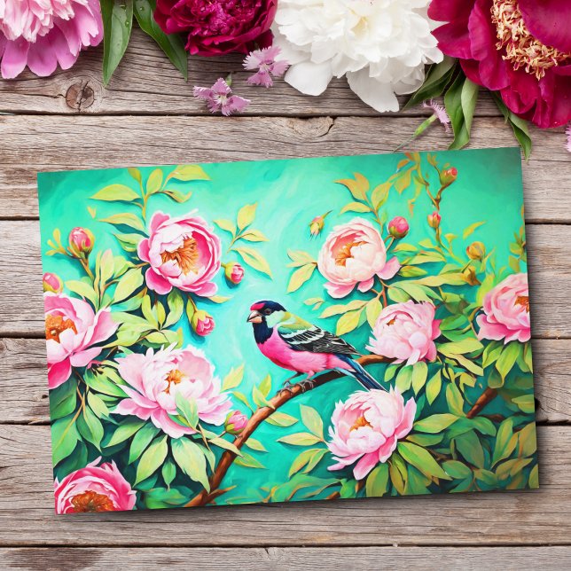  Peony Pine Gosbeak ai Artwork Oil Painting Postcard (Share nature's charm, perfect for sending heartfelt messages and greetings.)