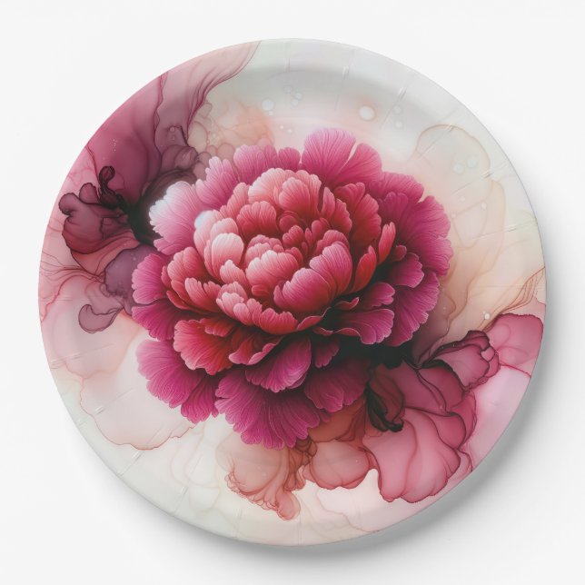 Peony Pink Alcohol Ink Abstract Paper Plate (Front)