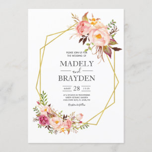 Peony Pink Blush and Gold Wedding Invitation