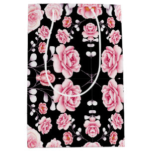 peony pink floral vintage botany drawing pattern medium gift bag
