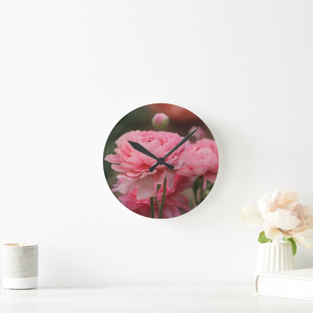 Peony Pink Ranunculus Closeup  Round Clock (Home)