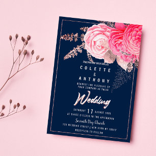 Peony pink rose gold navy blue floral Wedding Invitation