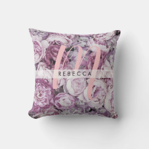 Peony Pink Roses Floral Monogram Name Cushion