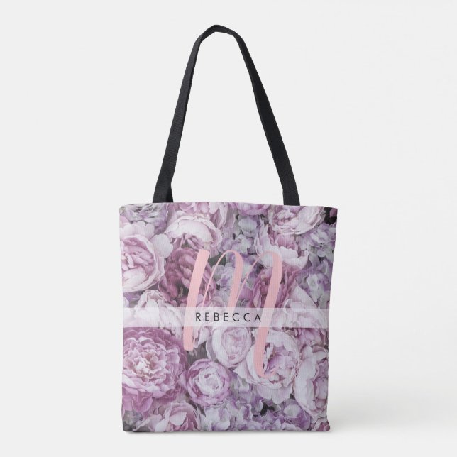 Peony Pink Roses Floral Monogram Tote Bag (Back)
