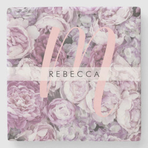 Peony Pink Roses Floral Script Monogram Stone Coaster