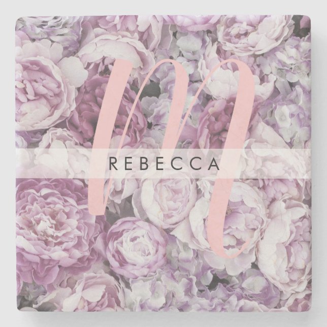 Peony Pink Roses Floral Script Monogram Stone Coaster (Front)