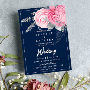 Peony pink silver glitter navy blue floral Wedding Invitation