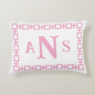 Peony Pink Square Greek Key Monogram Decorative Cushion