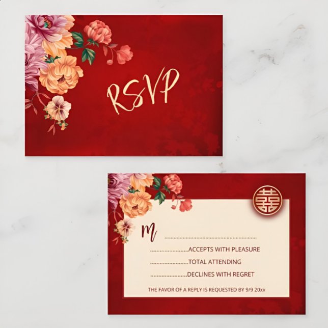 Peony Red RSVP Chinese Wedding Card (Creator Uploaded)