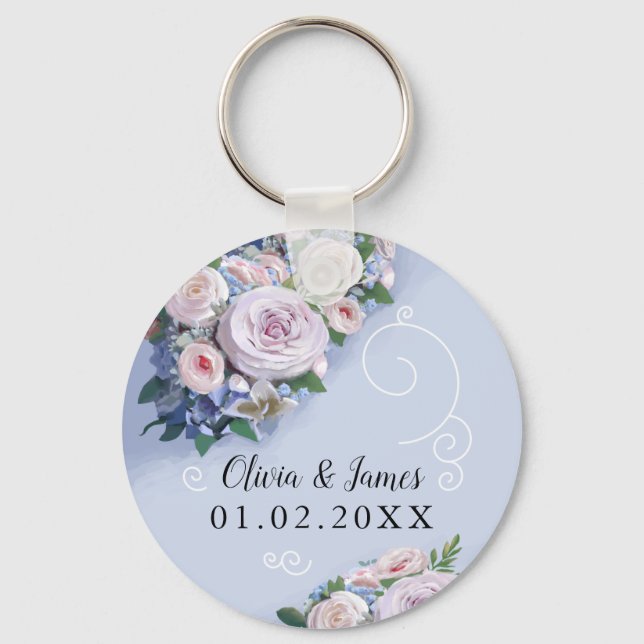 Peony Rose Couple Wedding Favours Elegant Key Ring (Front)