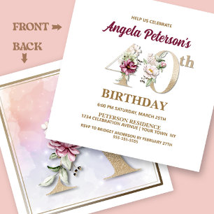 Peony Rose Floral 40th Birthday Party Invitation