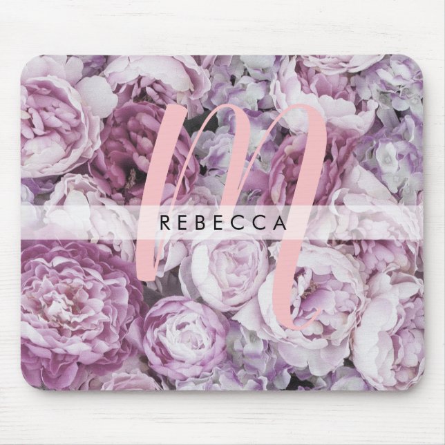 Peony Roses Floral Pink Monogram Mouse Pad (Front)