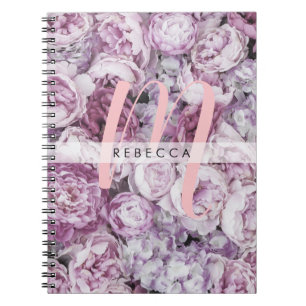 Peony Roses Floral Pink Script Monogram Notebook