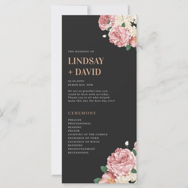 Peony Roses on Black Wedding Ceremony Program (Front)