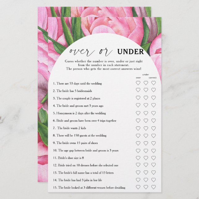 Peony roses - Over or under bridal shower game (Front/Back)