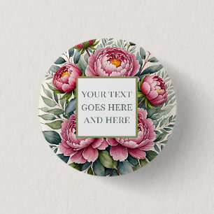 peony roses pink watercolor flowers 3 cm round badge