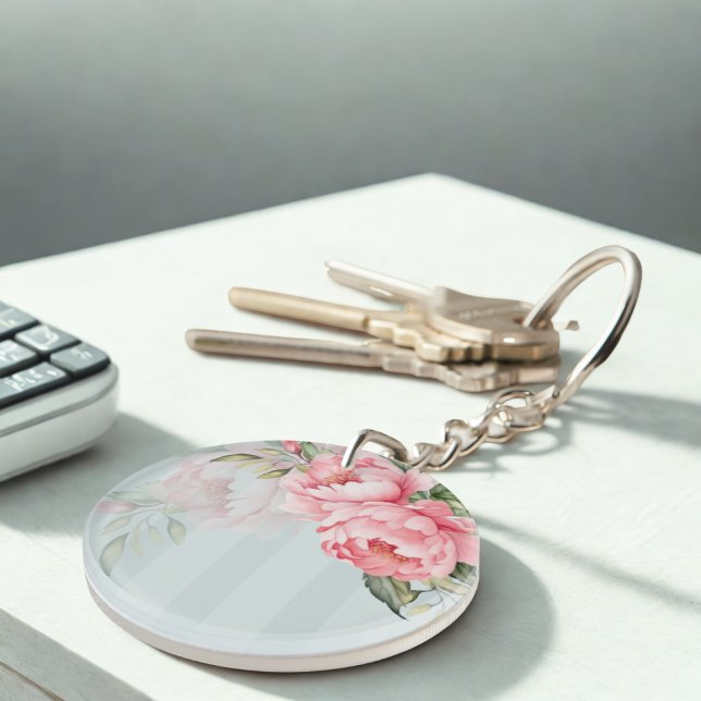 Peony Sage Botanics | Pink Floral & Gold Acrylic Key Ring (Creator Uploaded)