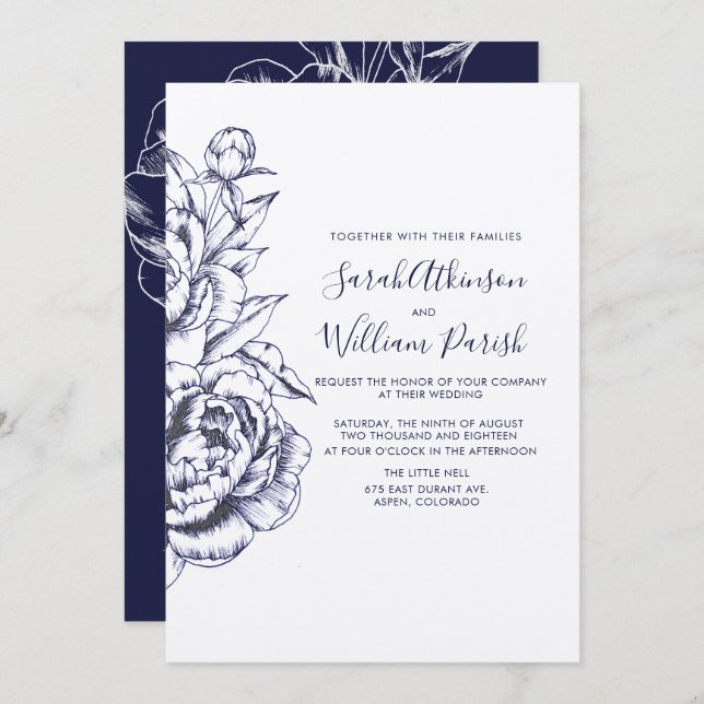 Peony Simple Wedding Invitation (Front/Back)