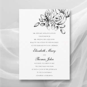 Peony Sketch Black White Formal Classic Wedding Invitation