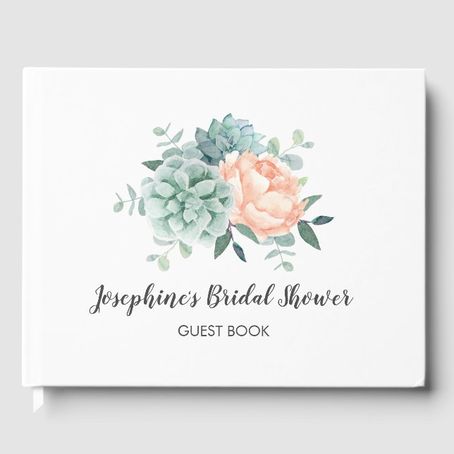 Peony Succulents Floral Watercolor Bridal Shower Guest Book (Front)