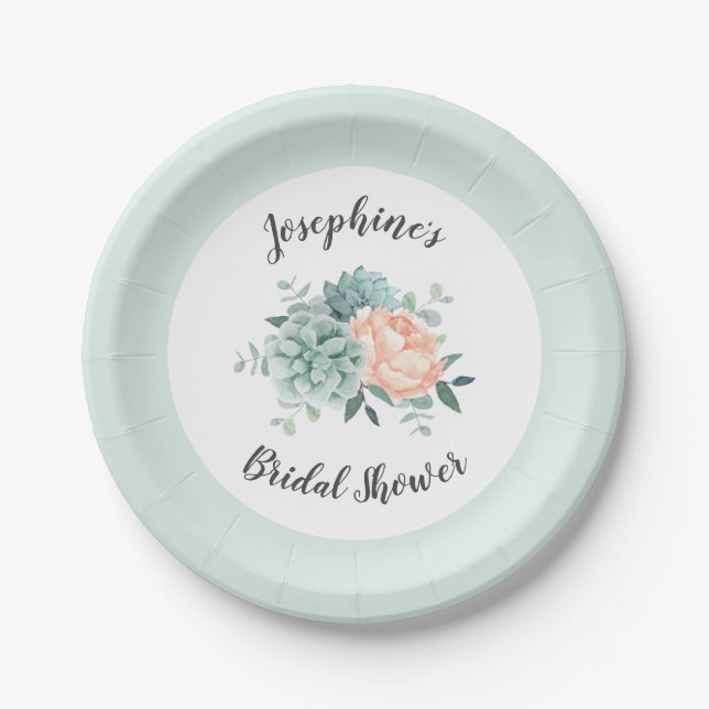 Peony Succulents Floral Watercolor Bridal Shower Paper Plate (Front)