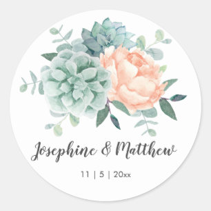 Peony Succulents Floral Watercolor Wedding Classic Round Sticker