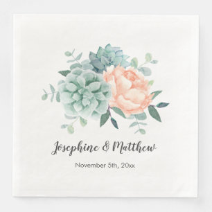 Peony Succulents Floral Watercolor Wedding Napkin