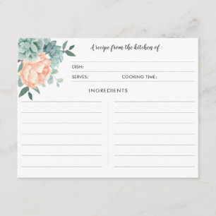 Peony Succulents Watercolor Botanical Recipe Cards