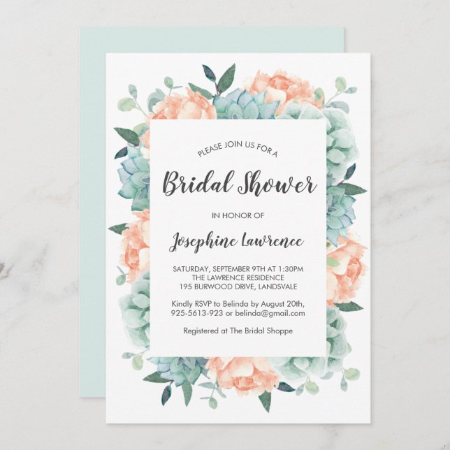 Peony & Succulents Watercolor Bridal Shower Invitation (Front/Back)