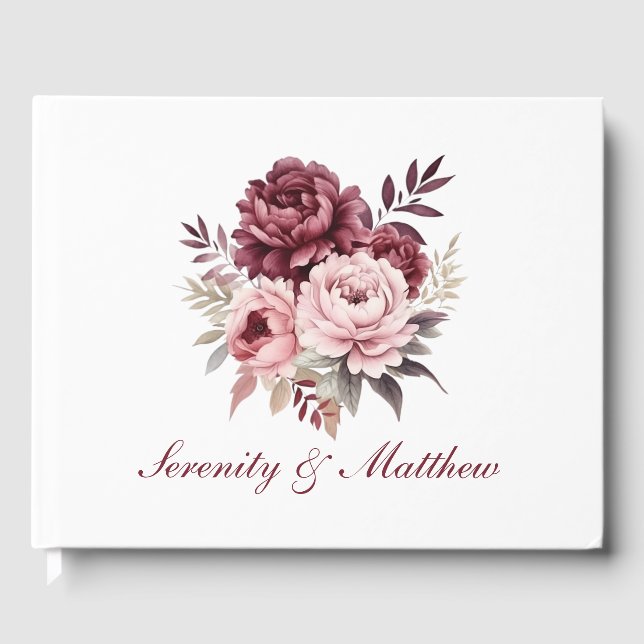 Peony Watercolor Burgundy Blush Floral Wedding Guest Book (Front)
