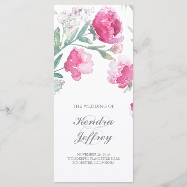 Peony Watercolor Floral Modern Wedding Programs (Front)