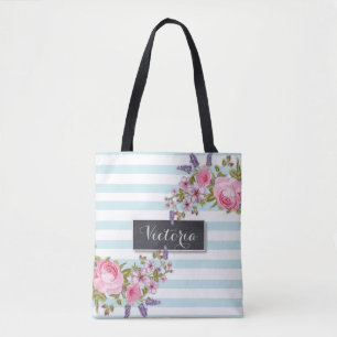 Peony Watercolor Floral Personalised Tote (blue) Bag