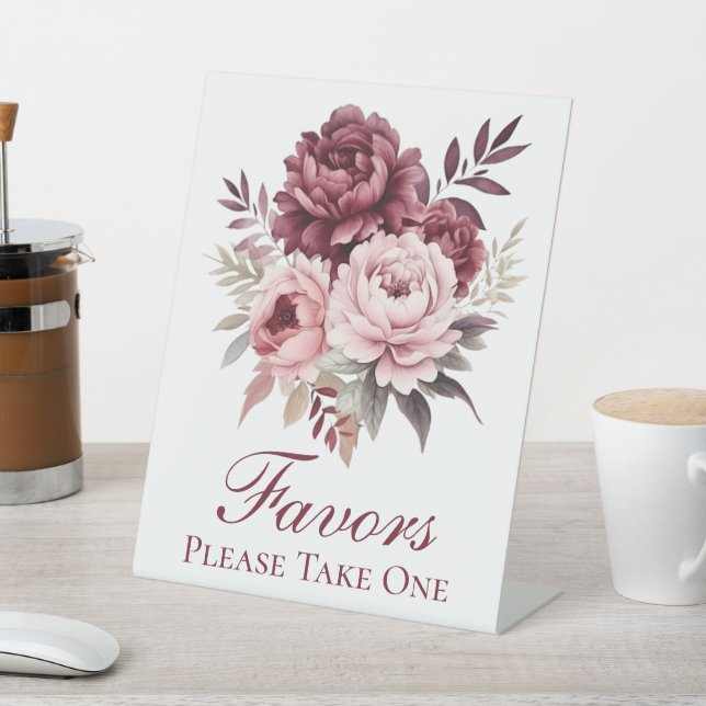Peony Watercolor Floral Wedding Favours Pedestal Sign (In SItu)