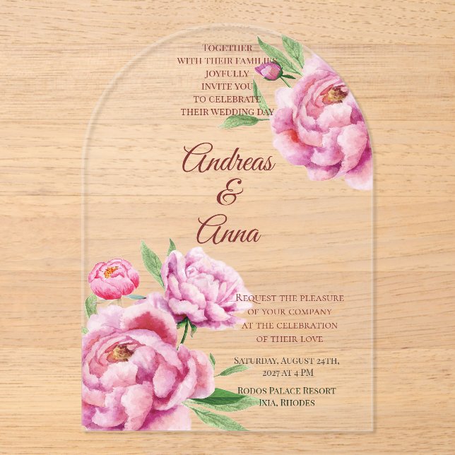 Peony Wedding Acrylic Invitations (Front)