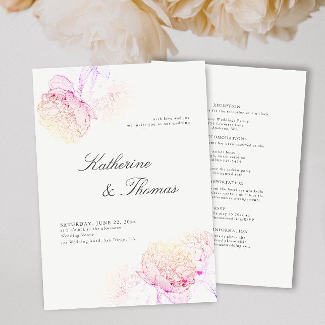 Peony Wedding Pink Rainbow Elegant Tux All in One Invitation (Creator Uploaded)