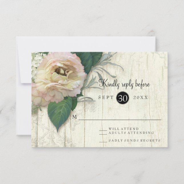 Peony White Hydrangea Flowers Vintage Wood RSVP Card (Front)