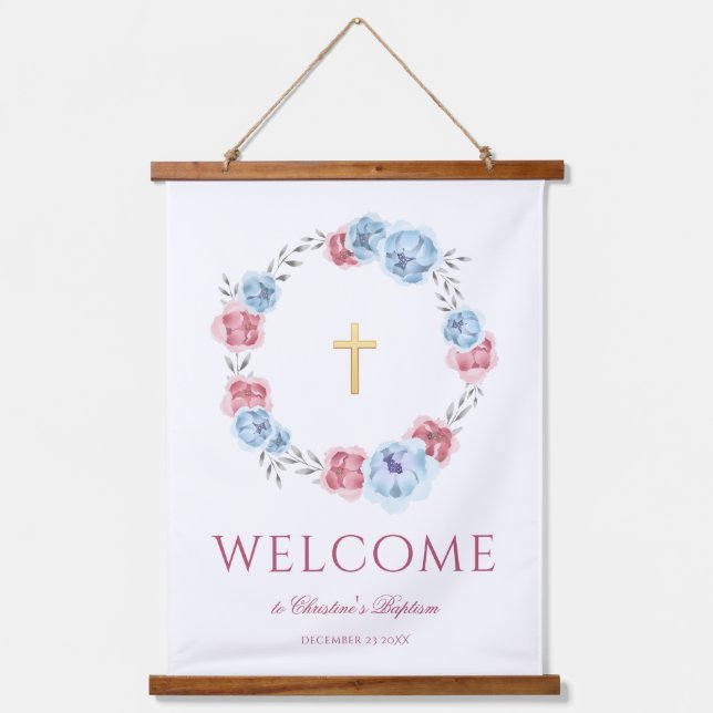 Peony Wreath Watercolor Welcome Baptism Hanging Ta Tapestry (Front)