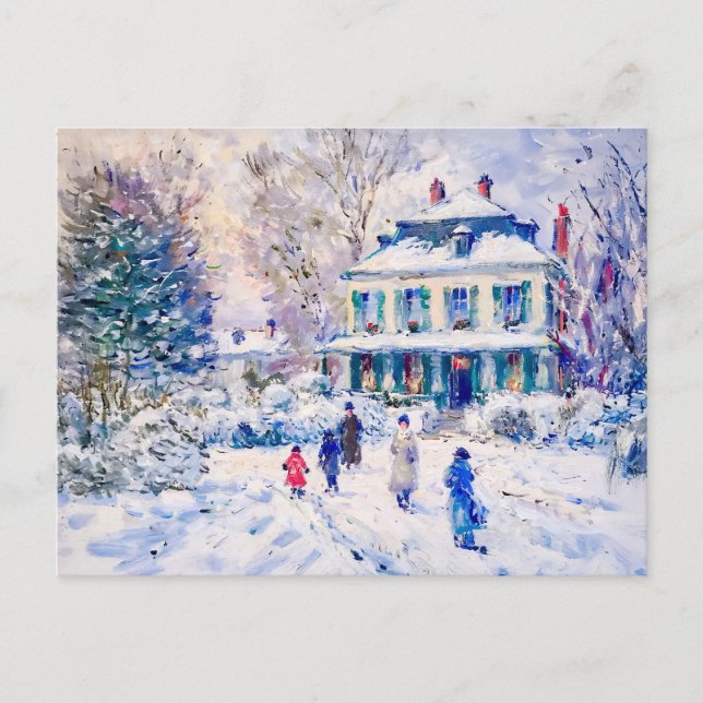 People and children in snowy garden winter scene holiday postcard (Front)
