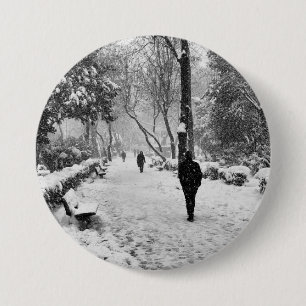 People at park in snowy winter day 7.5 cm round badge