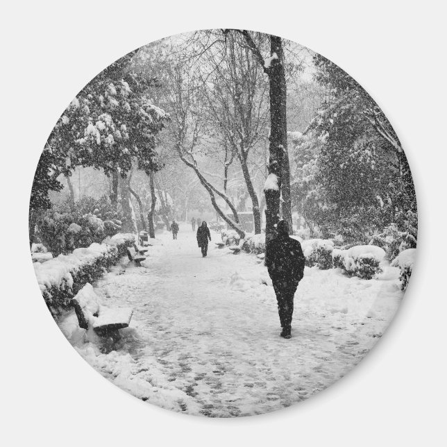 People at park in snowy winter day magnet (Front)