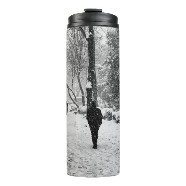 People at park in snowy winter day thermal tumbler (Front)