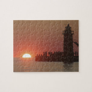 People lighthouse sunset silhouette at South Jigsaw Puzzle