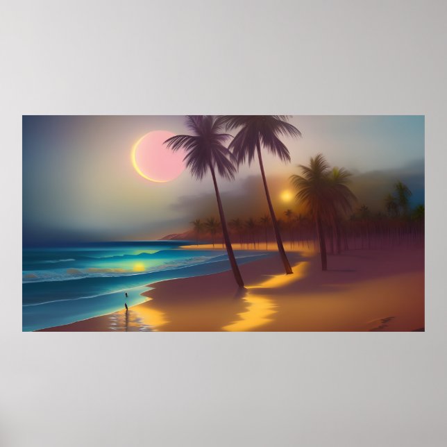 People Moon sand Beach moonlight ocean palms  Poster (Front)