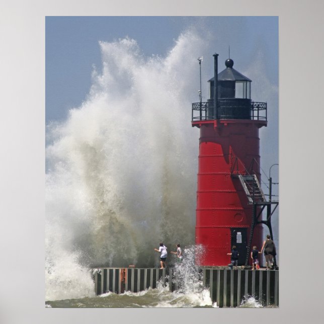 People on jetty watch large breaking waves in poster (Front)