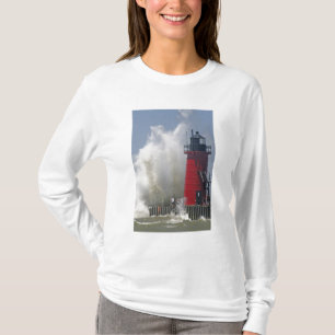 People on jetty watch large breaking waves in T-Shirt