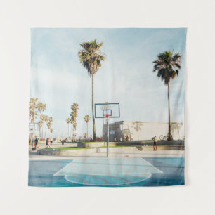 People outside outdoor basketball court tapestry
