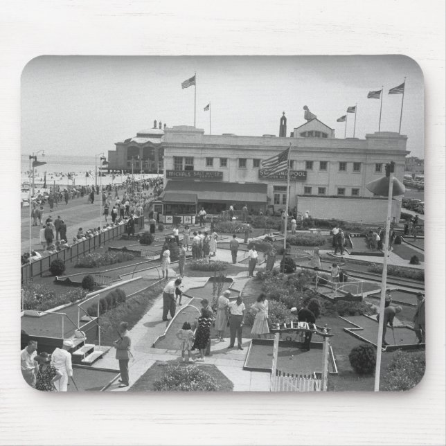 People playing mini golf elevated view B&W Mouse Pad (Front)