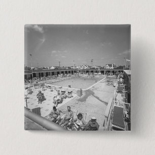 People relaxing at outdoor swimming pool B&W 15 Cm Square Badge