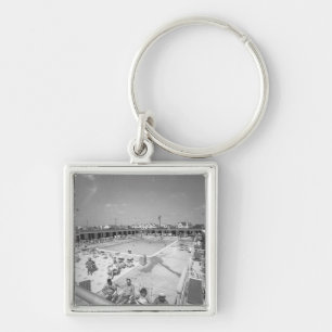 People relaxing at outdoor swimming pool B&W Key Ring