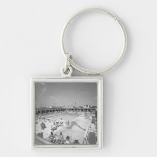 People relaxing at outdoor swimming pool B&W Key Ring